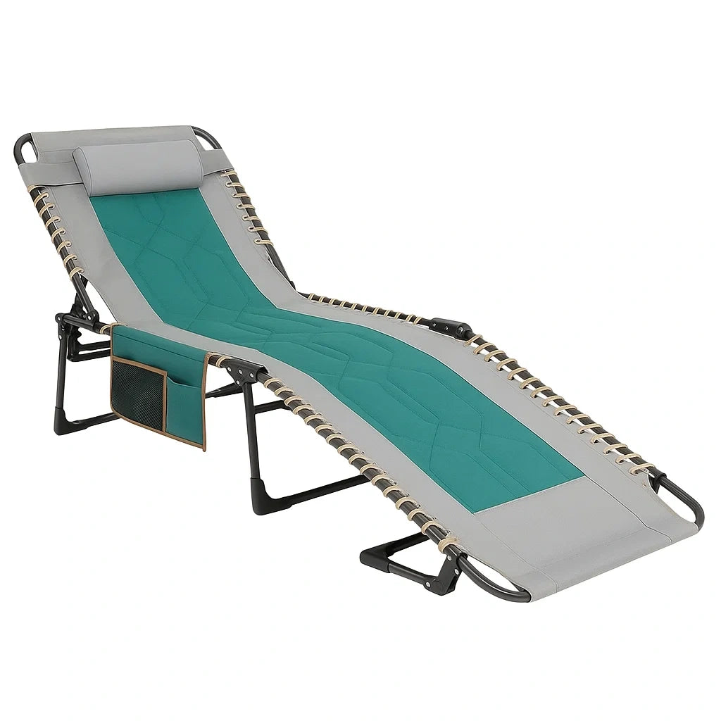 Stahl- und Polyester-Sonnenliege mit Kissen und Seitentasche, Grau/Grün