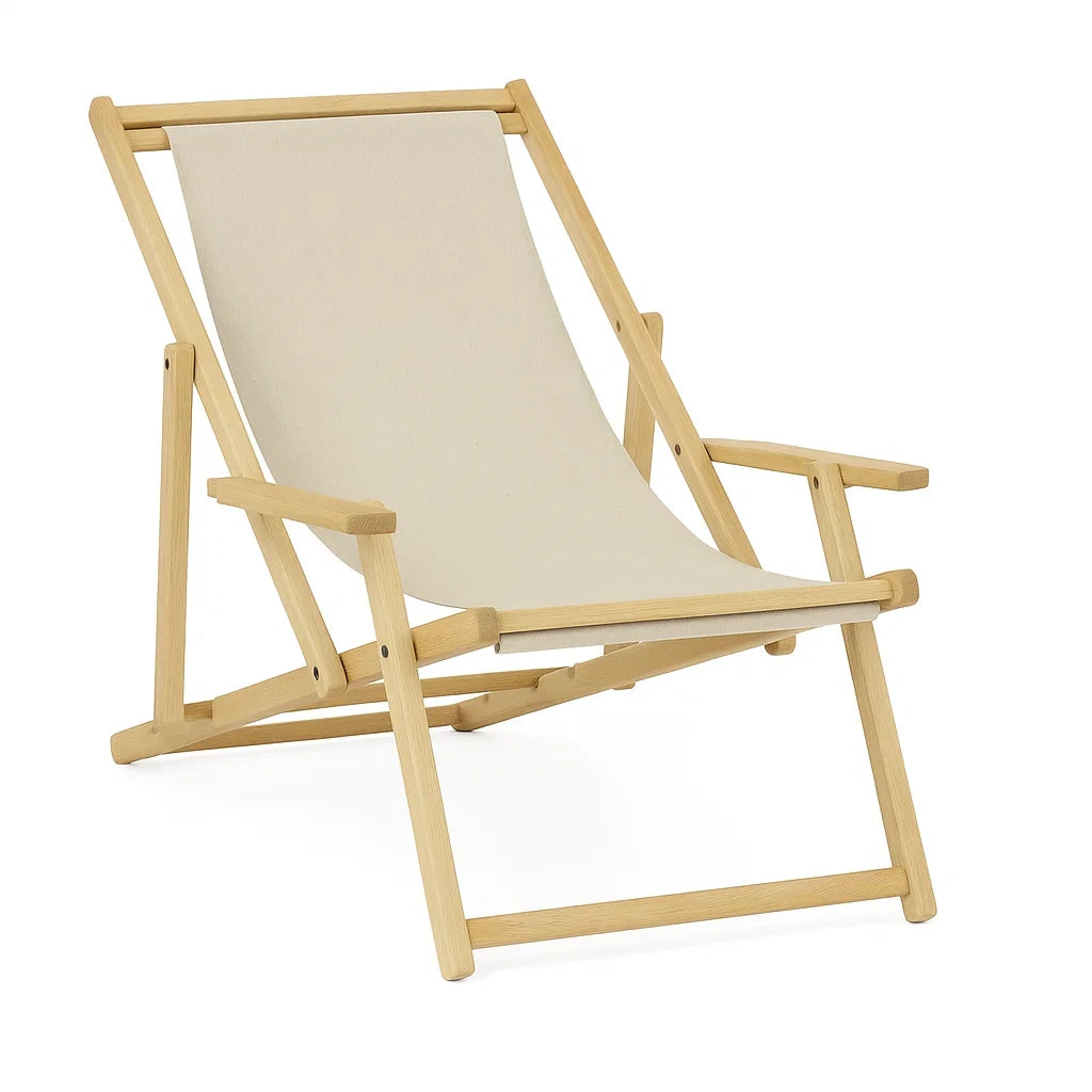 Klappbarer Eichenholzliegestuhl mit Baumwollbezug Beige